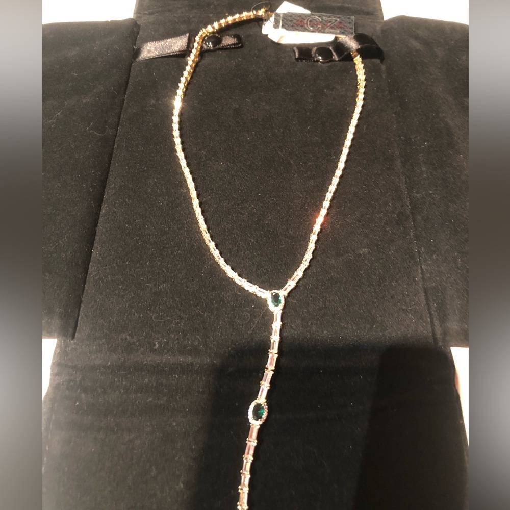 NWT Stunning Kenneth Jay Lane Gold Y Drop Necklace with CZ ‘s and Emerald Stones